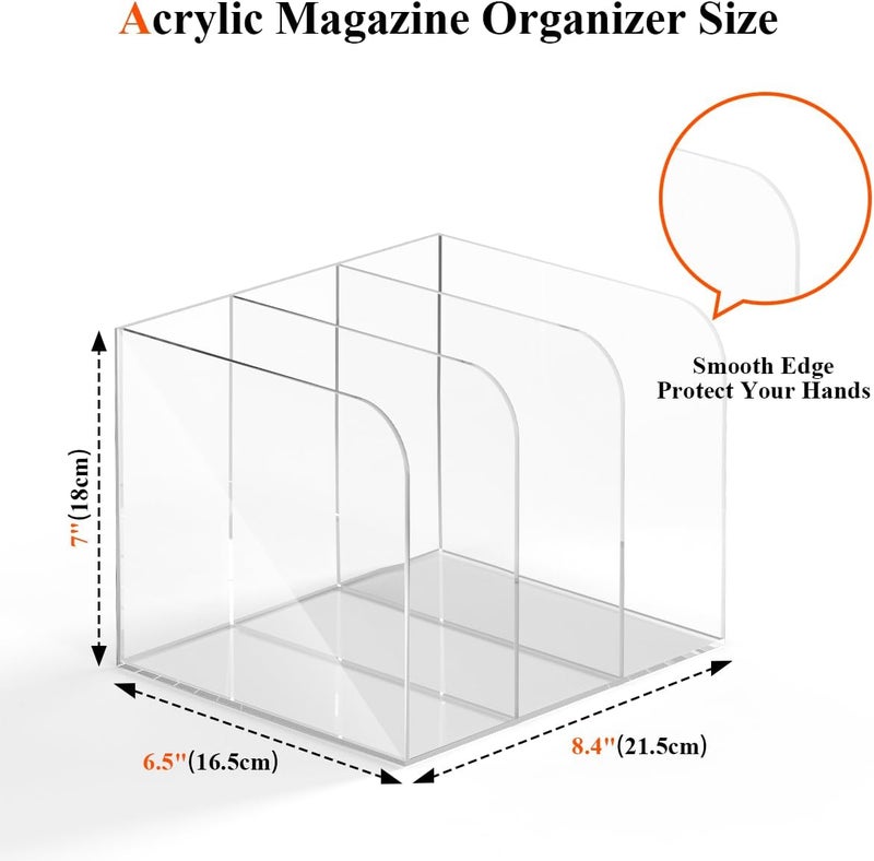 Jumyee Acrylic Magazine Holder with 3 Vertical Compartments, Clear Desk Mail Organizer Magazine File Rack, Book Holder Paper Folder Binder Holders Office Organization for Desk Accessories - Image 3